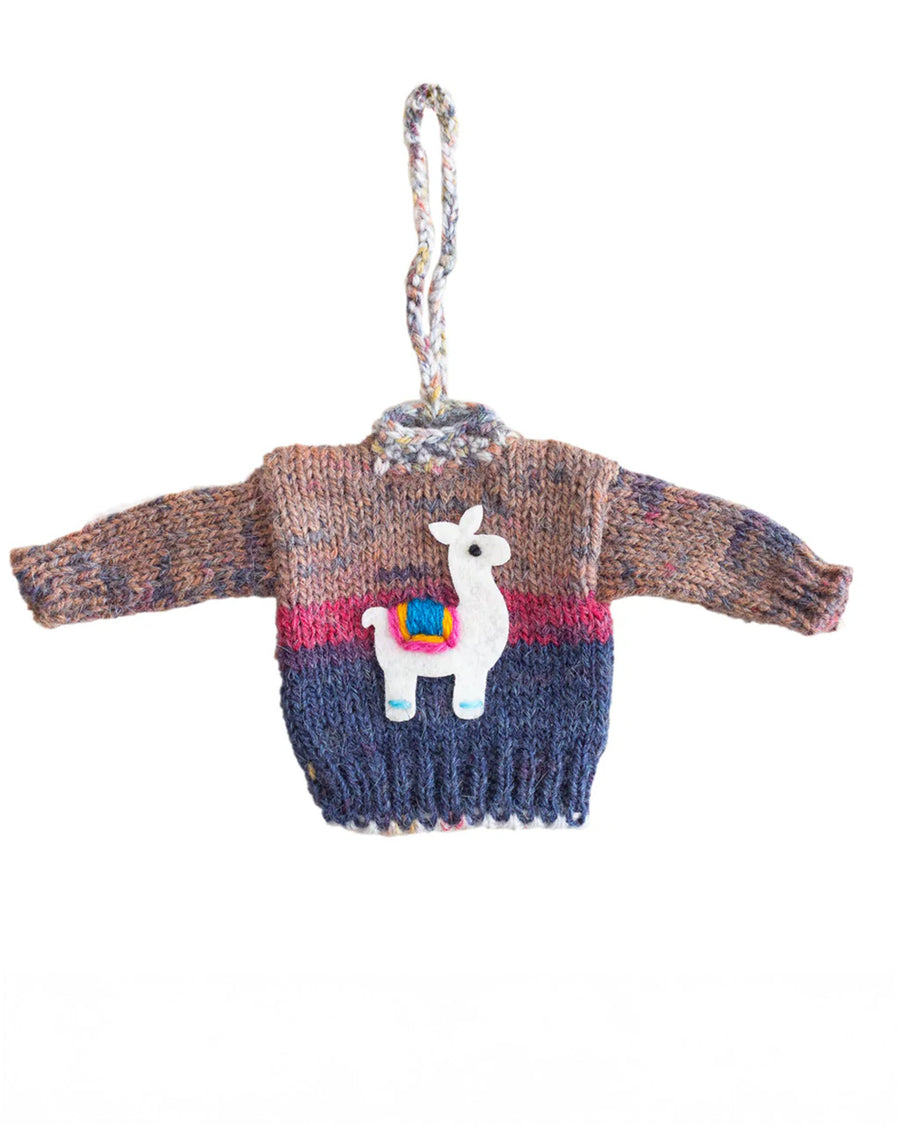 multicolor sweater ornament with a llama on the front