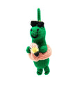 knit dinosaur with sunglasses and pink flamingo inner tube ornament