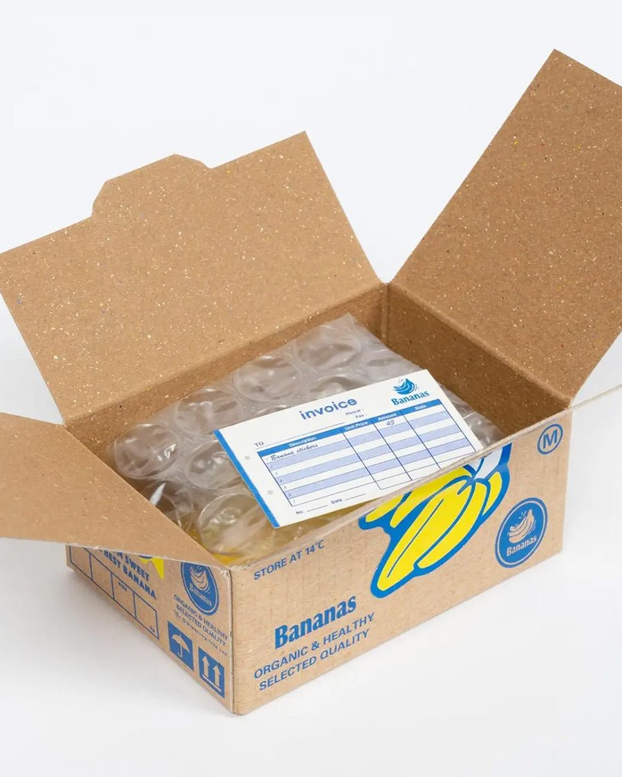 opened box of 40 banana holographic stickers