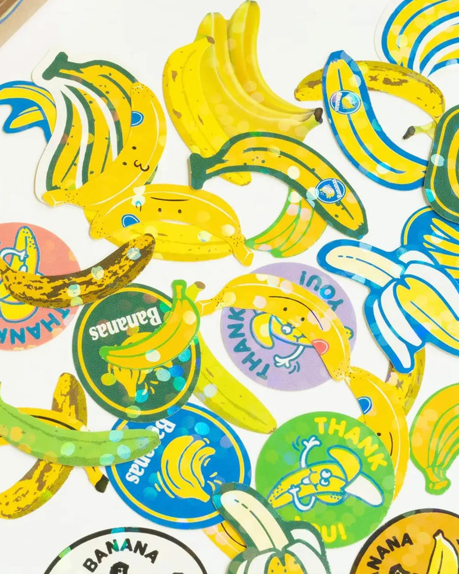 up close of 40 banana holographic stickers