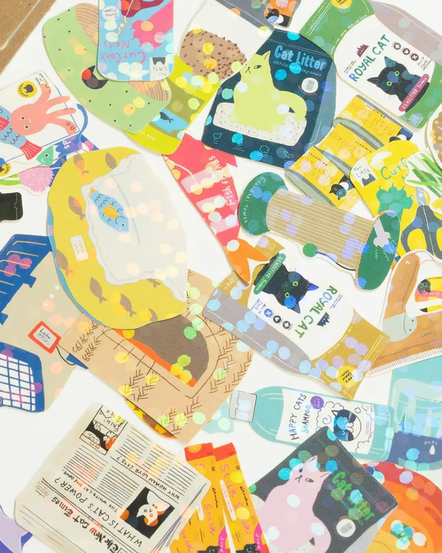 up close of 40 cat supply holographic stickers