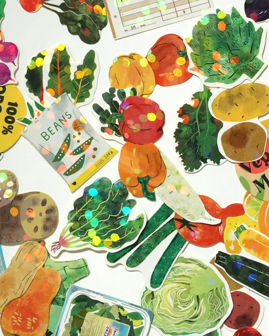 up close of 40 veggies holographic stickers