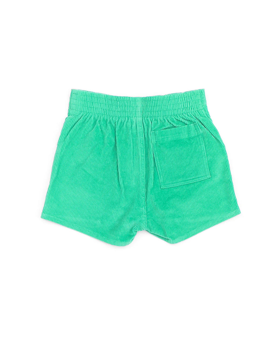 back view of green corduroy shorts