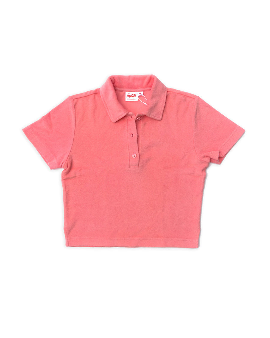 front of watermelon cropped terry cloth polo top