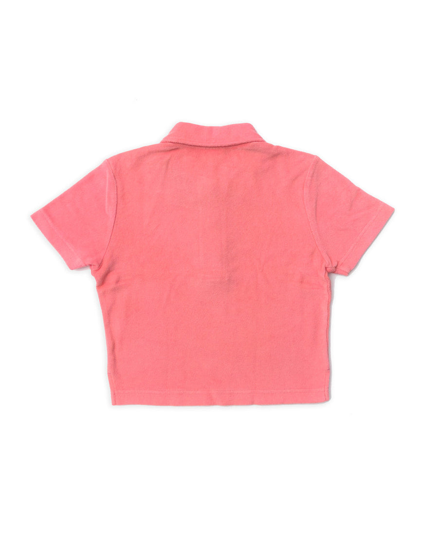 backview of watermelon cropped terry cloth polo top