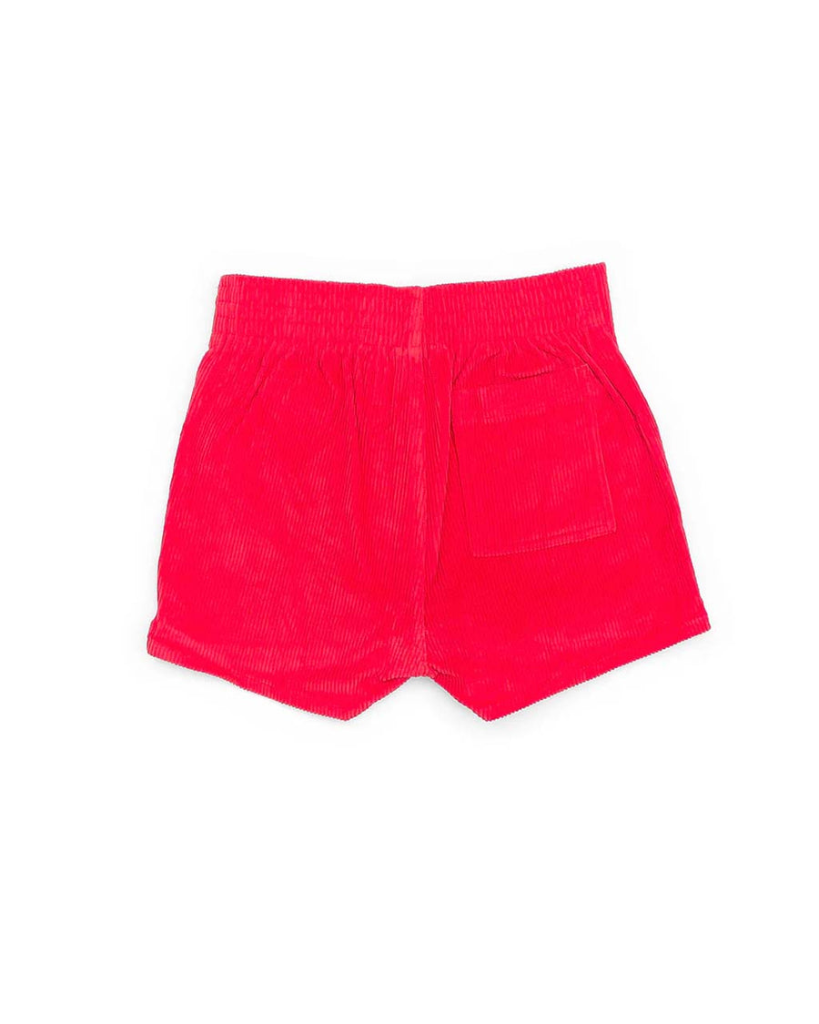 back view of bright red corduroy shorts