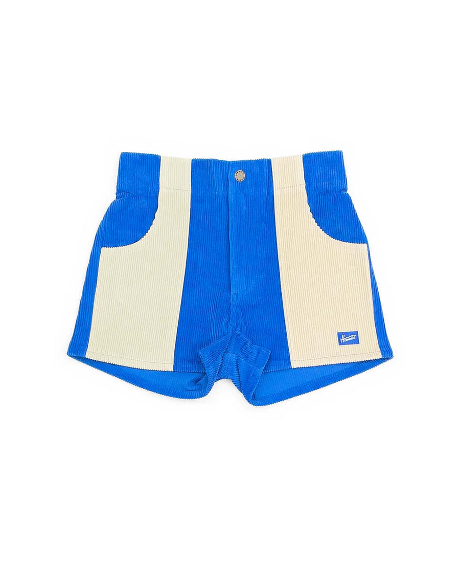 two-tone corduroy shorts in sand and bright blue