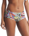model wearing multicolor abstract leaf print boy shorts