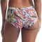 backview of model wearing multicolor abstract leaf print boy shorts