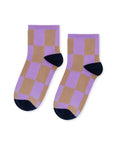 purple and brown checkered socks with black toe and heel detail