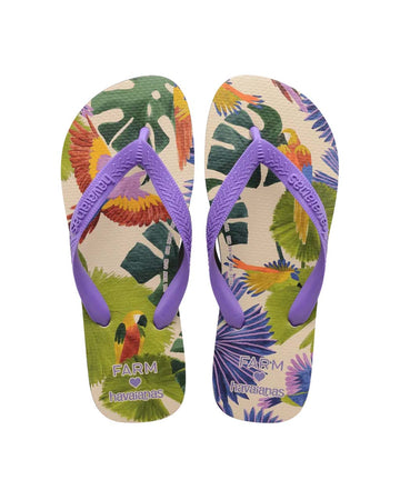 tan flip flops with abstract parrot print