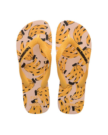 tan flips flops with abstract spotted banana pattern