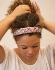 model wearing multi and silver beaded thick headband