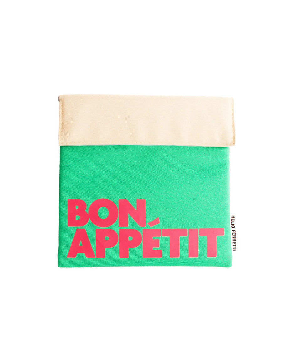 green and cream snack bag with red 'bon appetit' across the front