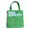 kelly green lunch bag with light blue 'bon appetit' across the front