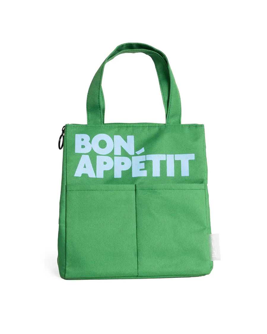 kelly green lunch bag with light blue 'bon appetit' across the front