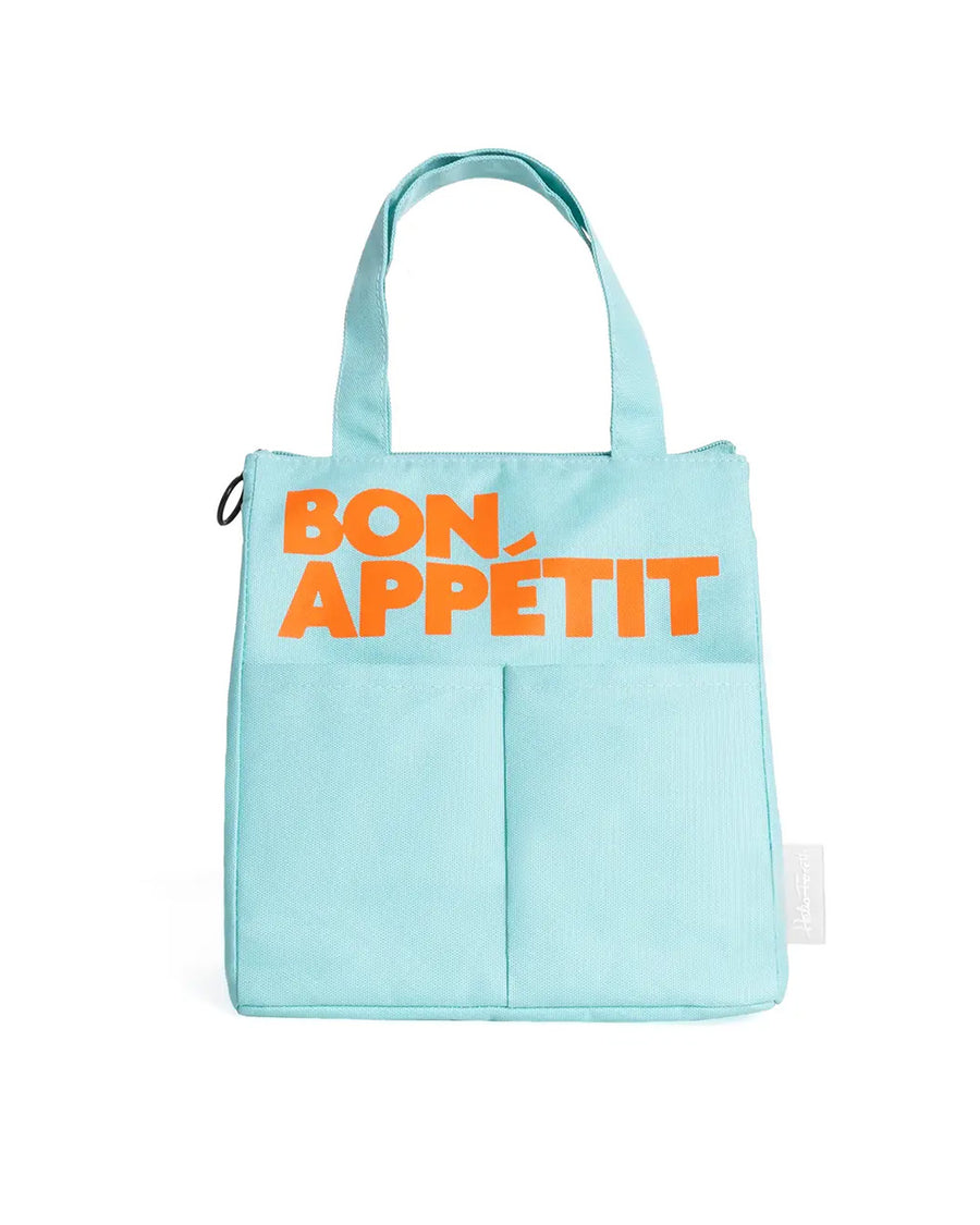 light blue lunch bag with orange 'bon appetit' across the front
