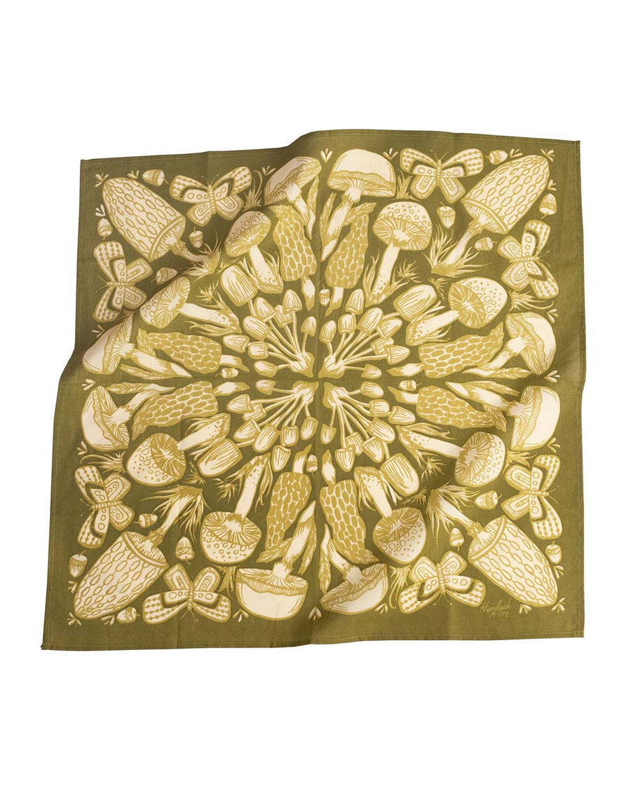 green bandana with cream mushroom print