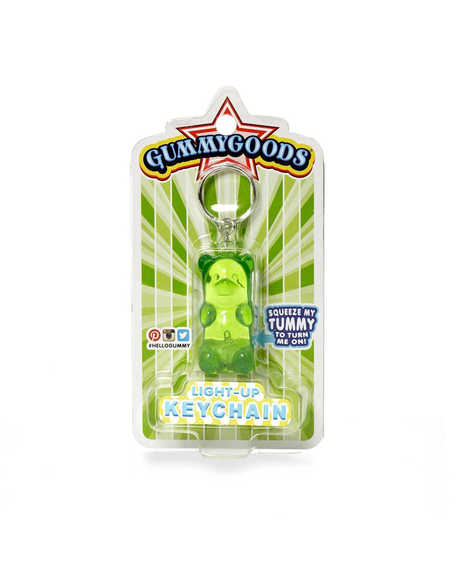 packaged green light up gummy bear keychain
