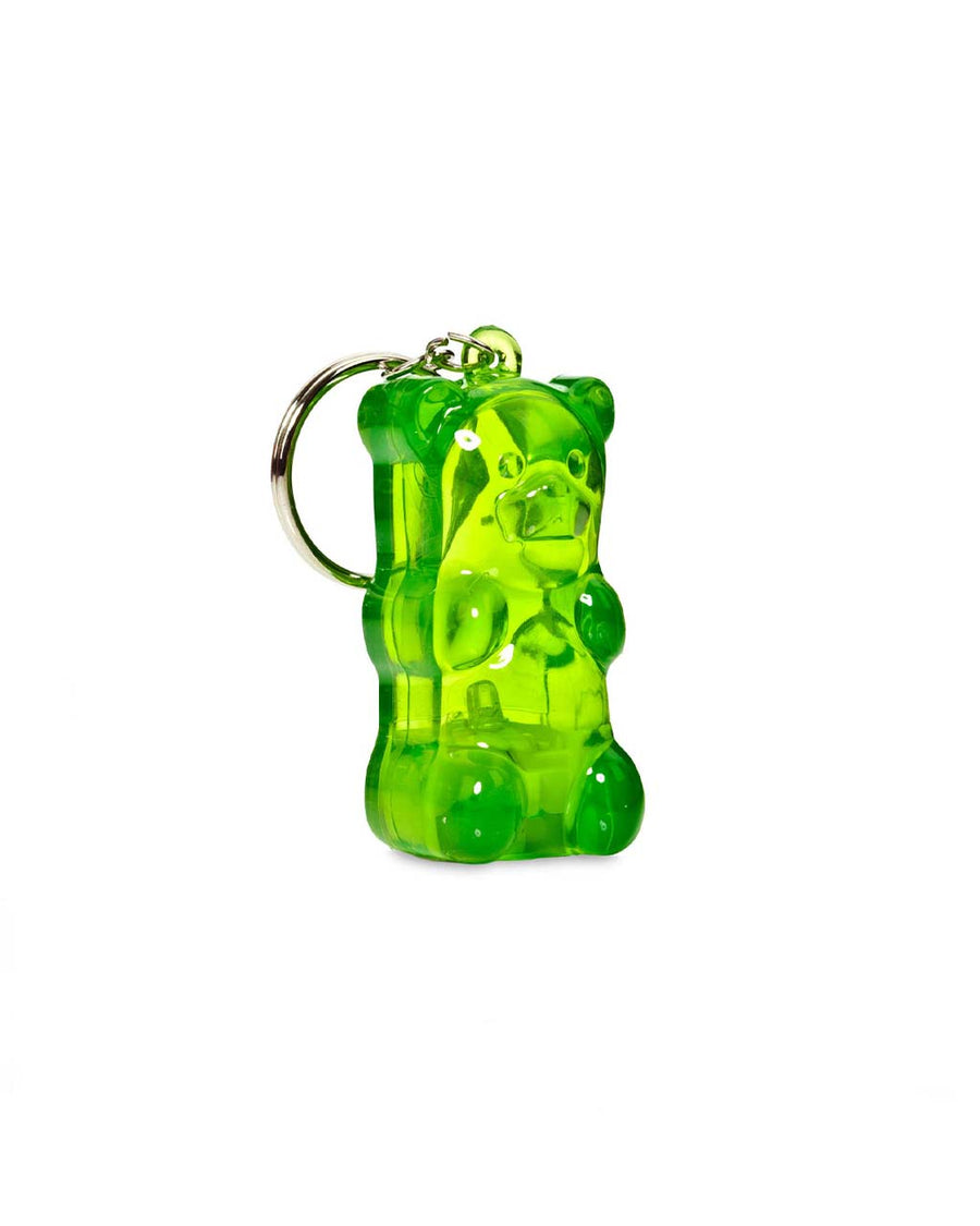 side view of green light up gummy bear keychain