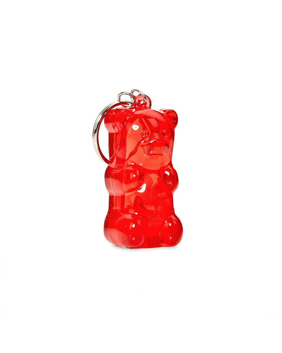 side view of red light up gummy bear keychain