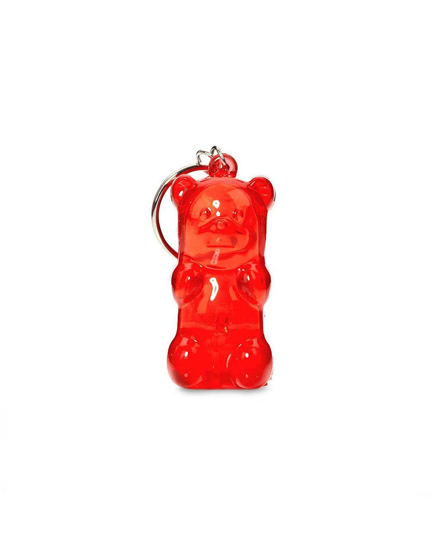 front view of red light up gummy bear keychain