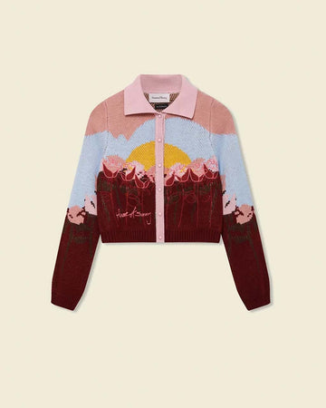 pink collared cropped cardigan with blue and red rose and sunrise graphic