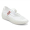 front view of white mesh mary jane flats with hunter logo on the strap and large white rubber soles