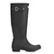 side view of tall black rubber rain boots with silver buckles on the side and hunter logo on the front