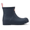 side view of front view of navy short rubber rain boots with hunter logo on the front