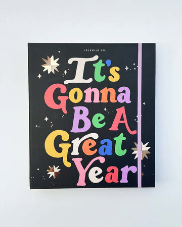 non-dated-planner with black cover and colorful 'it's going to be a great year' across the front