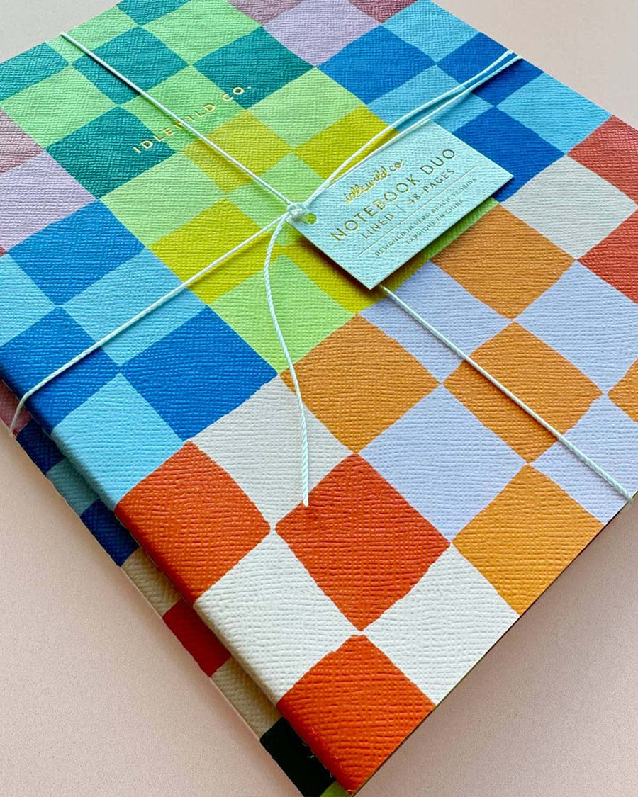 packaged set of two notebooks: big rainbow checkered and small rainbow checkered