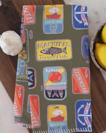 olive green cotton tea towel with tinned fish print