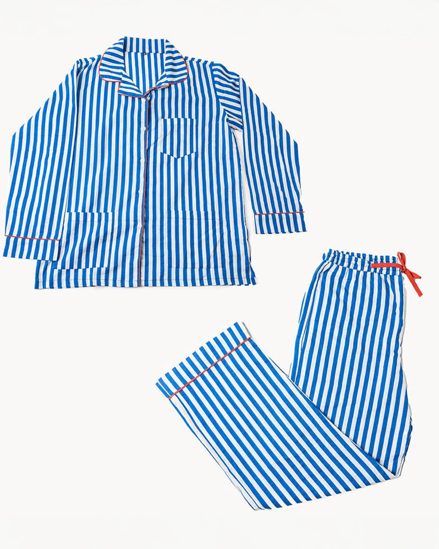 blue and white vertical stripe pj set
