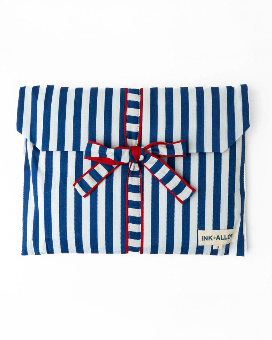 packaged blue and white vertical stripe pj set