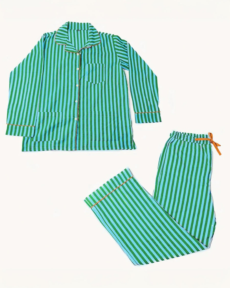 kelly green and sky blue vertical stripe pj set
