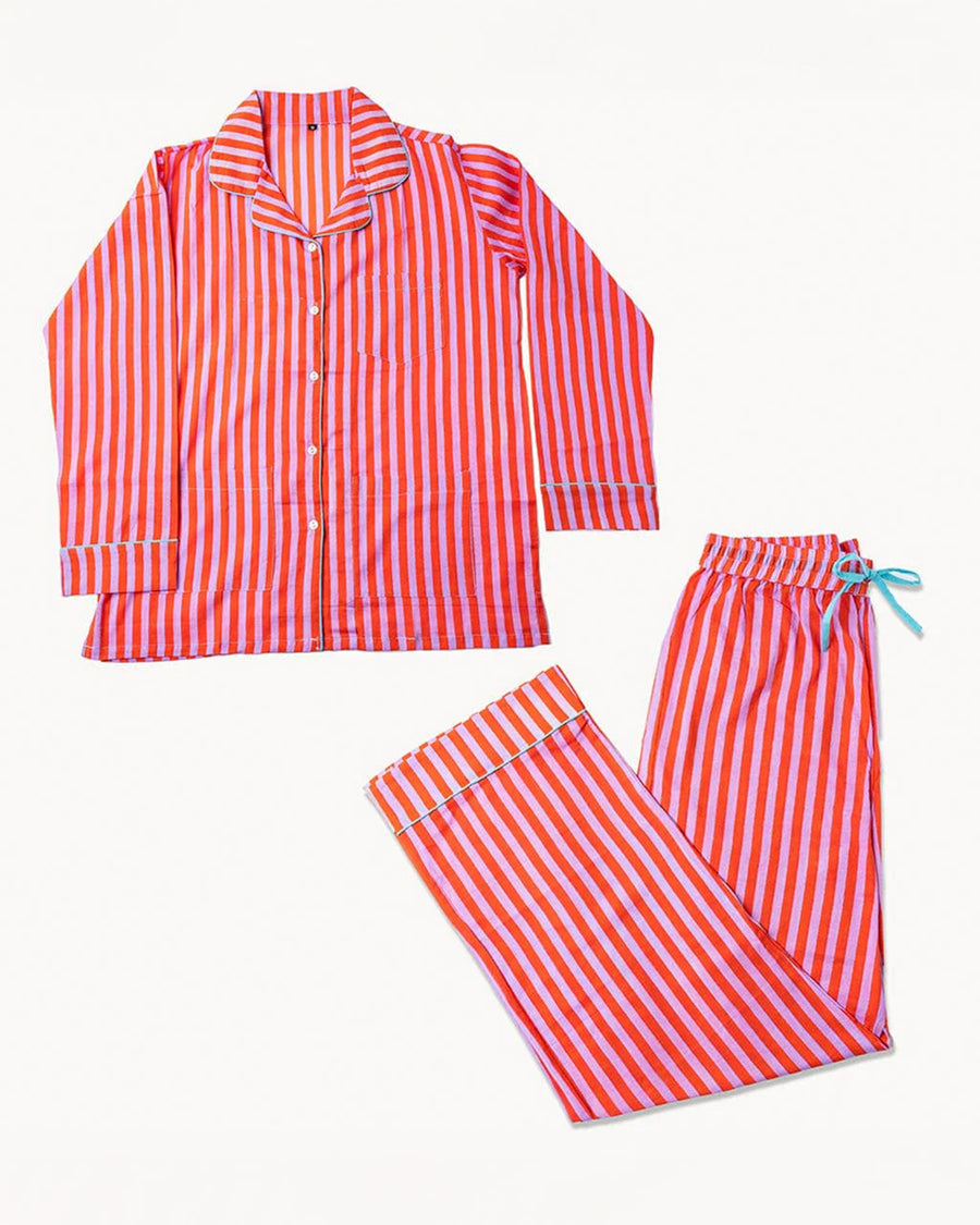 lavender and poppy vertical stripe pj set