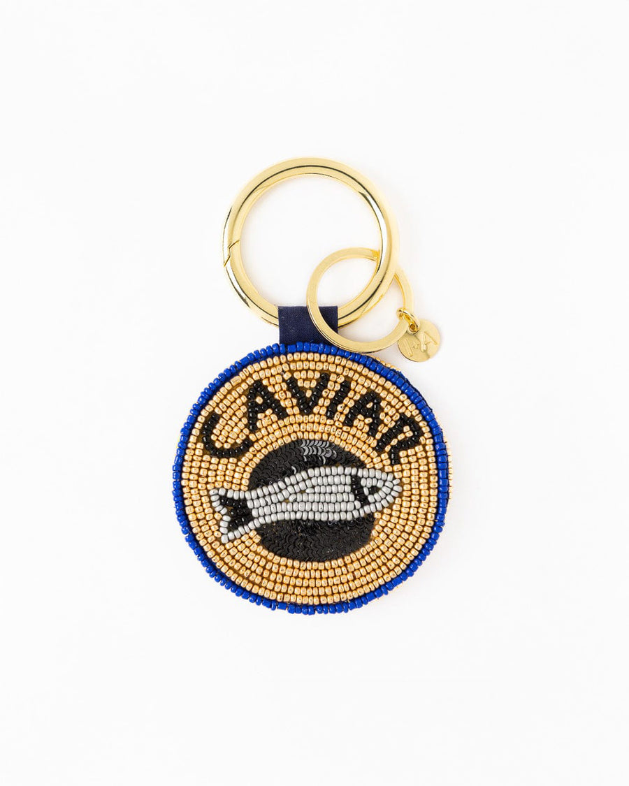 yellow and blue beaded caviar bag charm