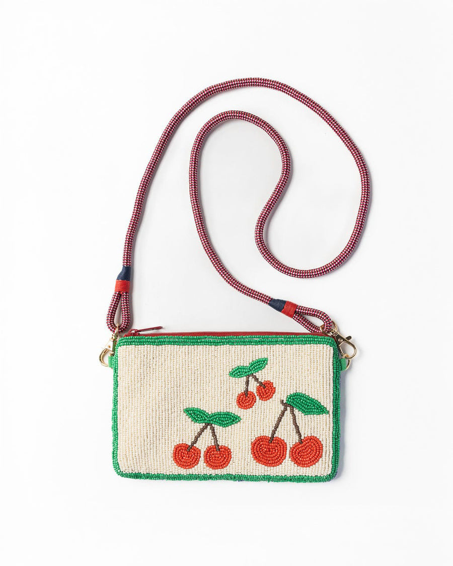 cream, green and red cherry beaded clutch with red removable strap