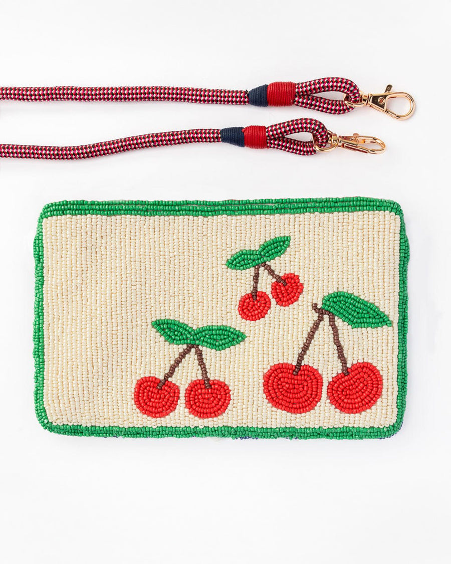 cream, green and red cherry beaded clutch with red removable strap