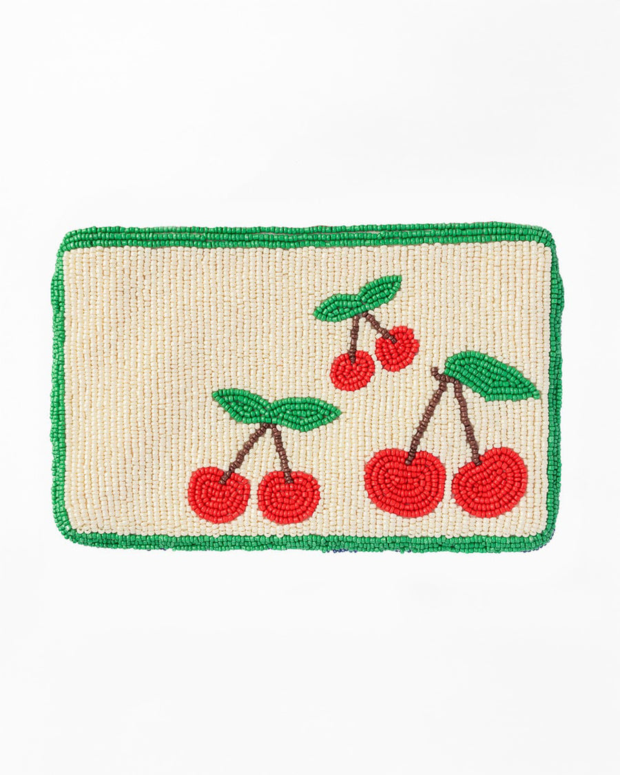 cream, green and red cherry beaded clutch
