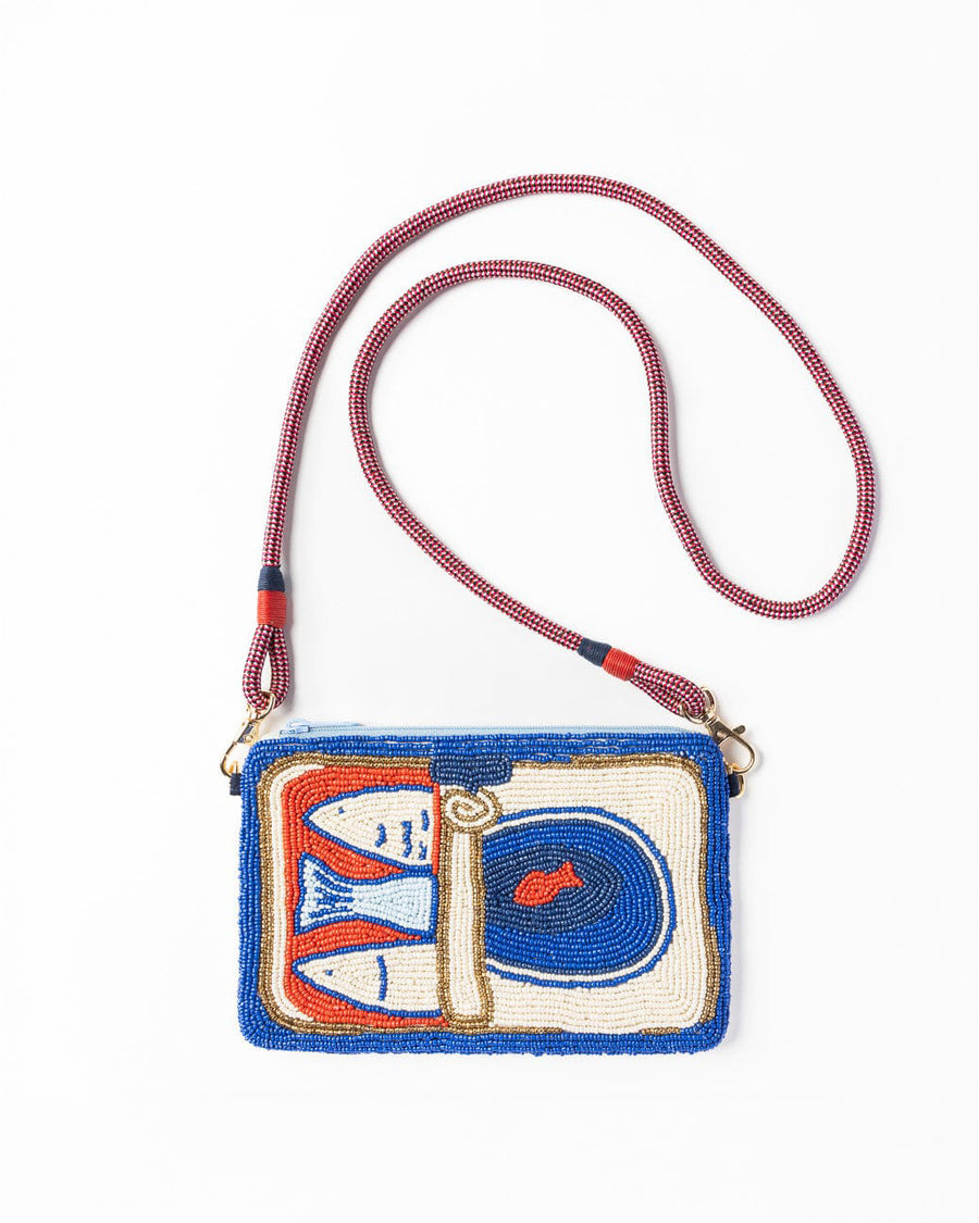 blue, orange and cream sardine beaded clutch with red removable strap