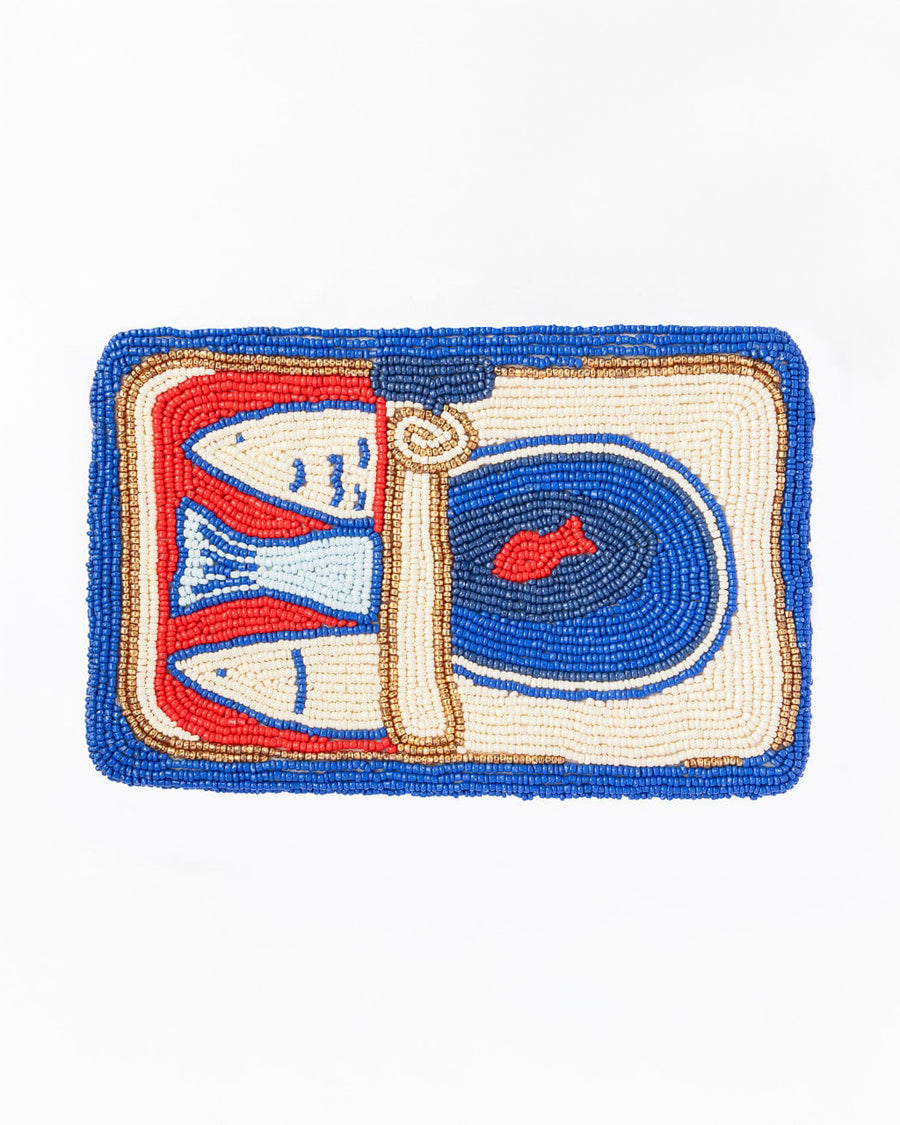 blue, orange and cream sardine beaded clutch