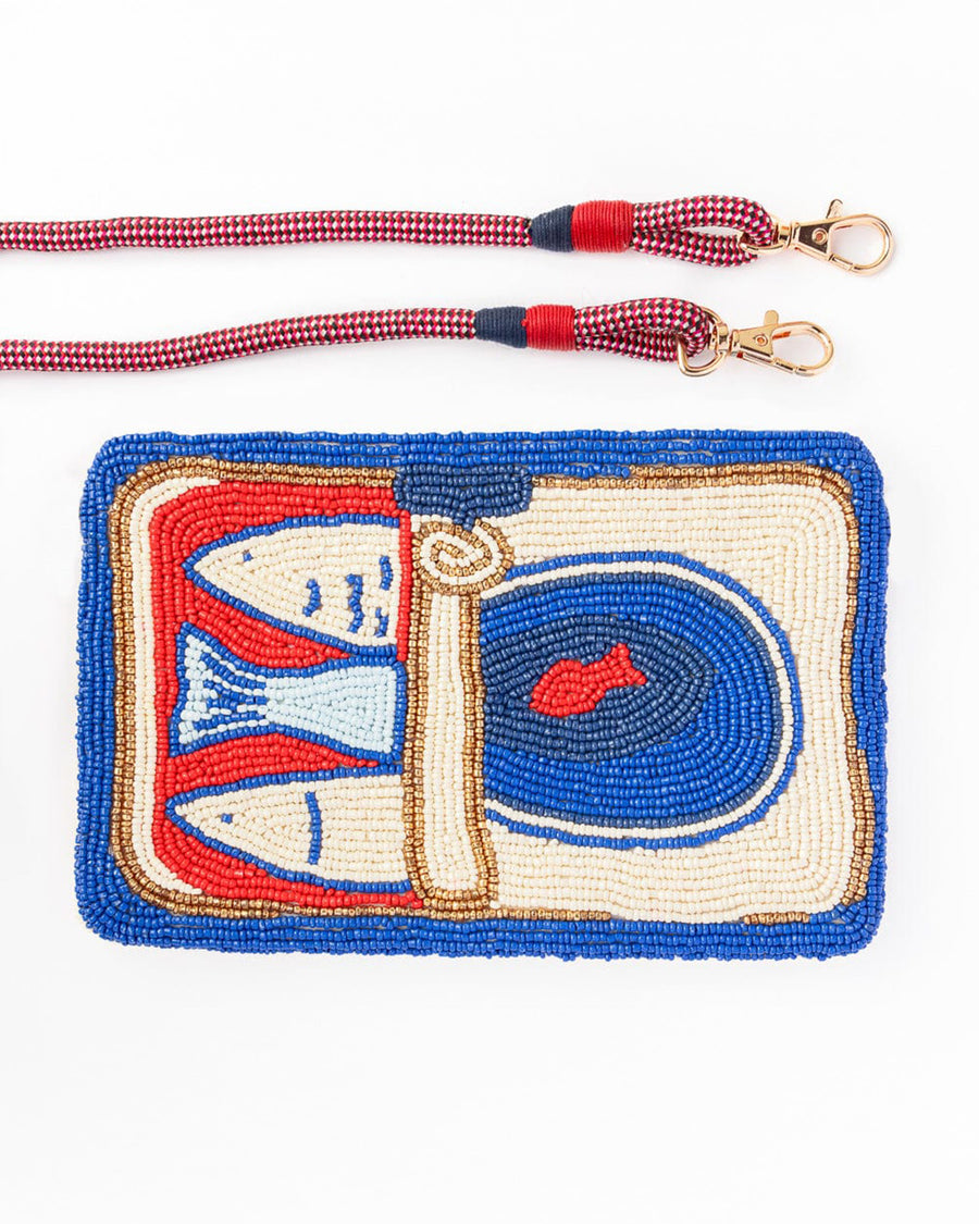 blue, orange and cream sardine beaded cutch with red removable strap