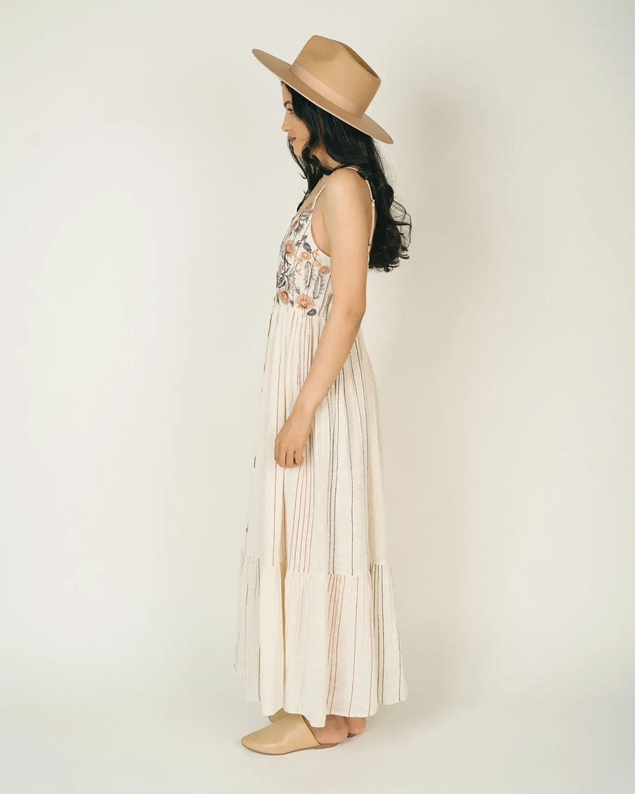 sideview of model wearing white maxi dress with pink flower bodice and vertical line detail throughout the dress
