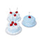 different variations of blue fake cake kit with red cherries on top