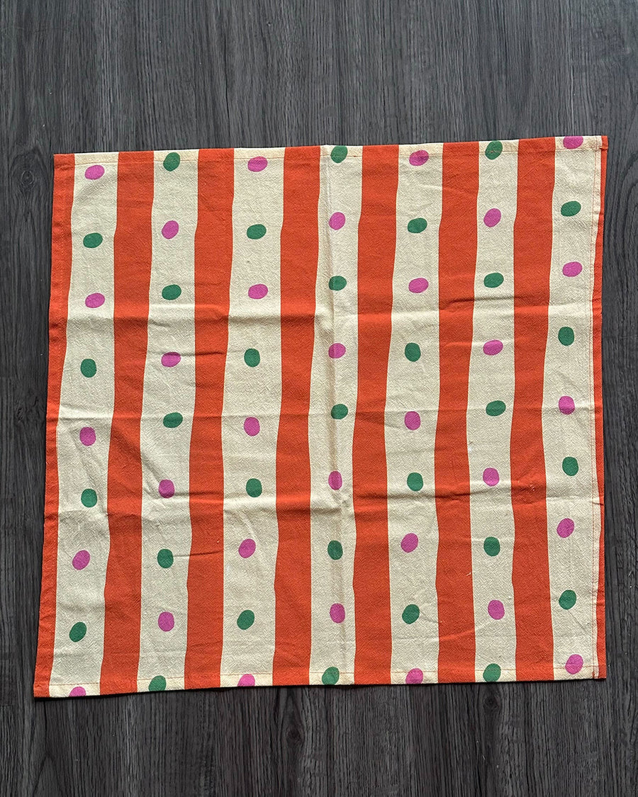 pale yellow and orange striped tea towel with green and pink dots