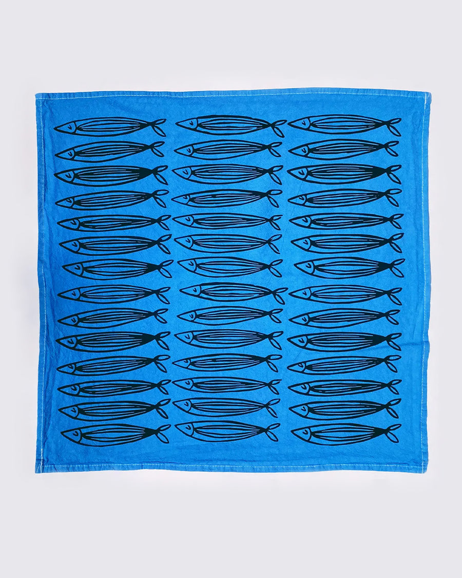 blue cotton tea towel with all over sardine print
