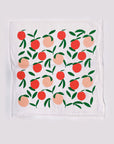 white square tea towel with all over peach print