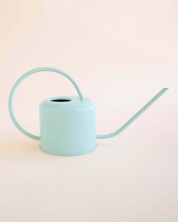 teal watering can with extended handle and spout